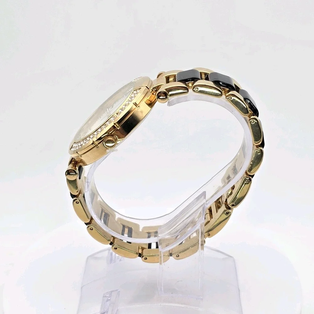 New‎ CHICO'S Ladies Watch Mother of Pearl CZ Encrusted Black Gold Tone Band